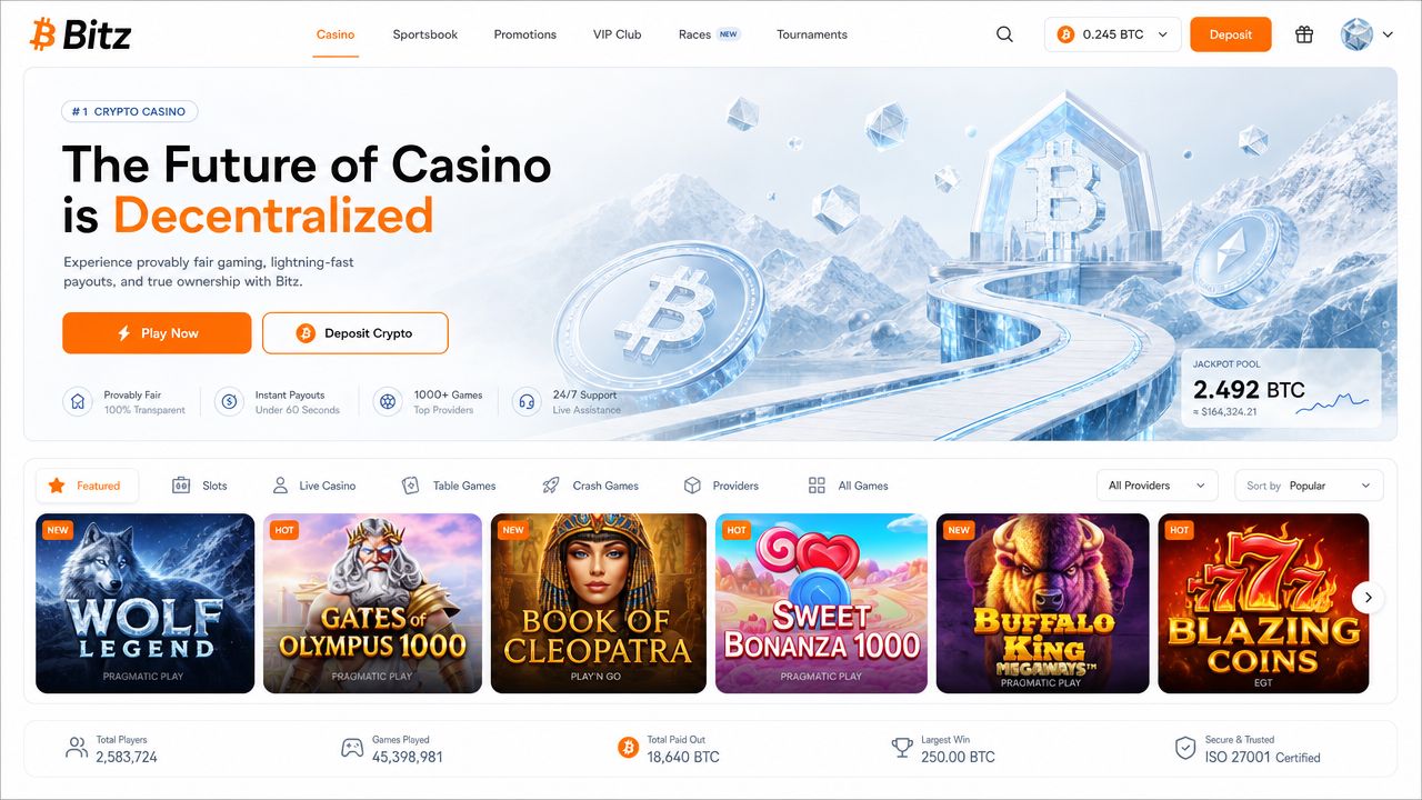 Bitz crypto casino desktop interface with slots catalogue and sportsbook navigation