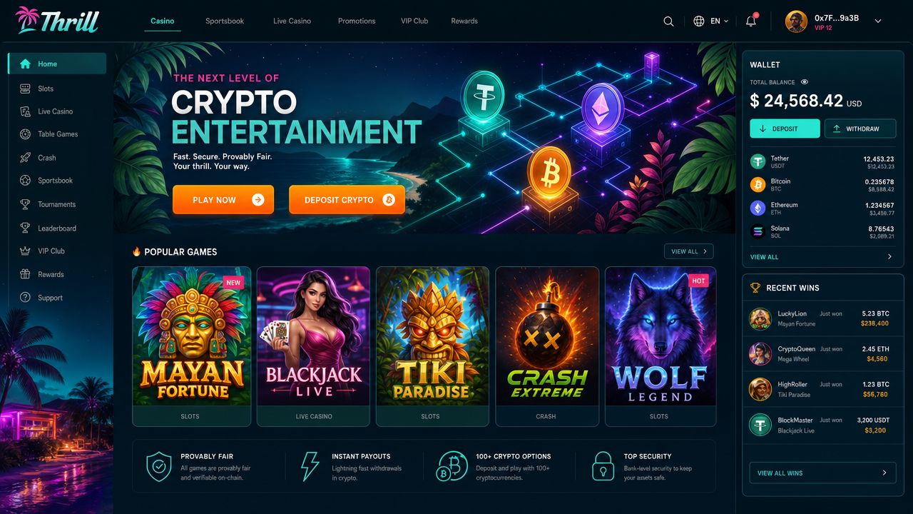 Thrill crypto casino desktop interface showing game lobby with live dealer tables and sportsbook navigation