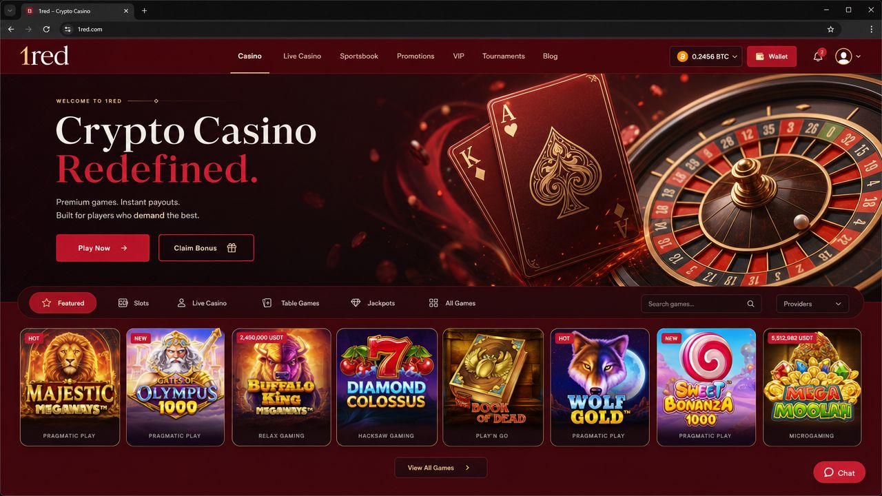 1red crypto casino desktop screenshot showing the games lobby and sportsbook interface