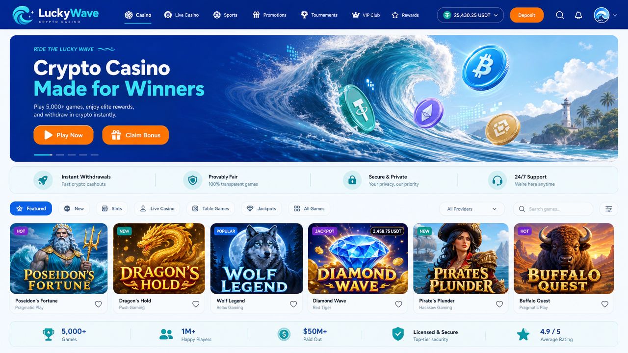 LuckyWave casino desktop interface with ocean-themed cobalt header, aqua panels, wave hero artwork, slot game tiles, and navigation bar