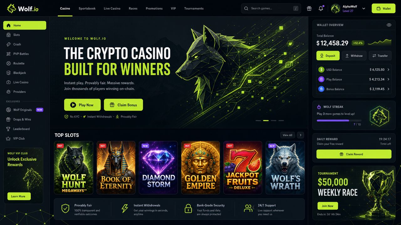 Wolf.io crypto casino desktop screenshot with electric lime and charcoal colour scheme, wolf silhouette hero, and modular game tile grid
