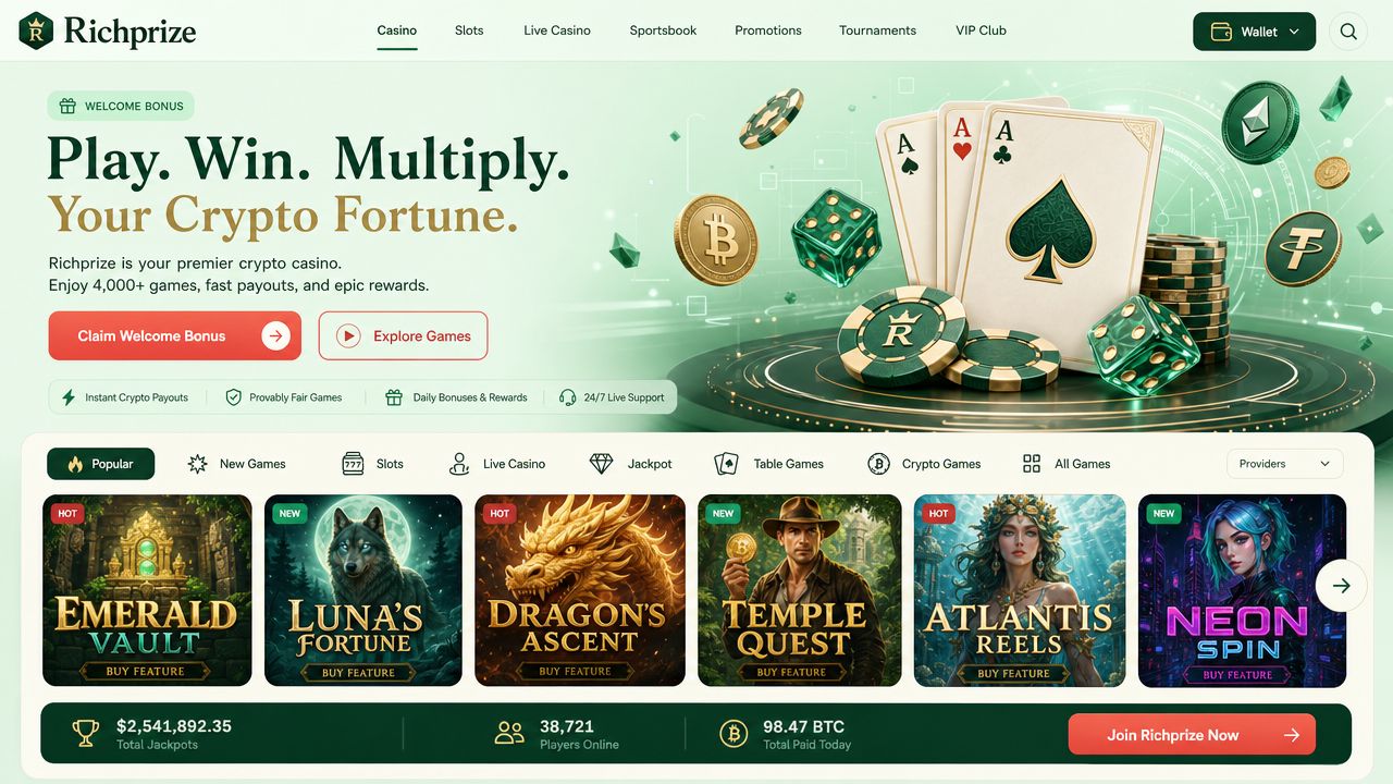 Richprize casino desktop interface showing game lobby with slots and live casino categories