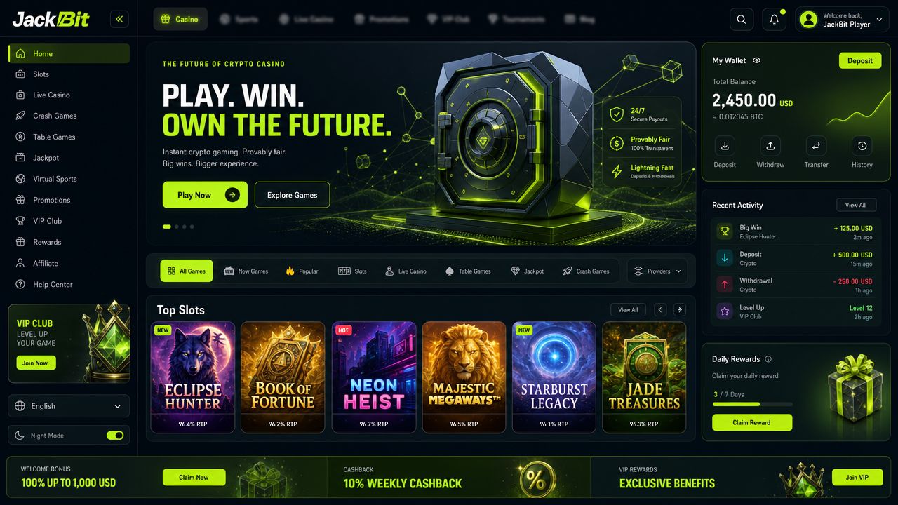 JackBit crypto casino desktop interface with electric lime palette showing game lobby, slot tiles, wallet widget, and sportsbook navigation