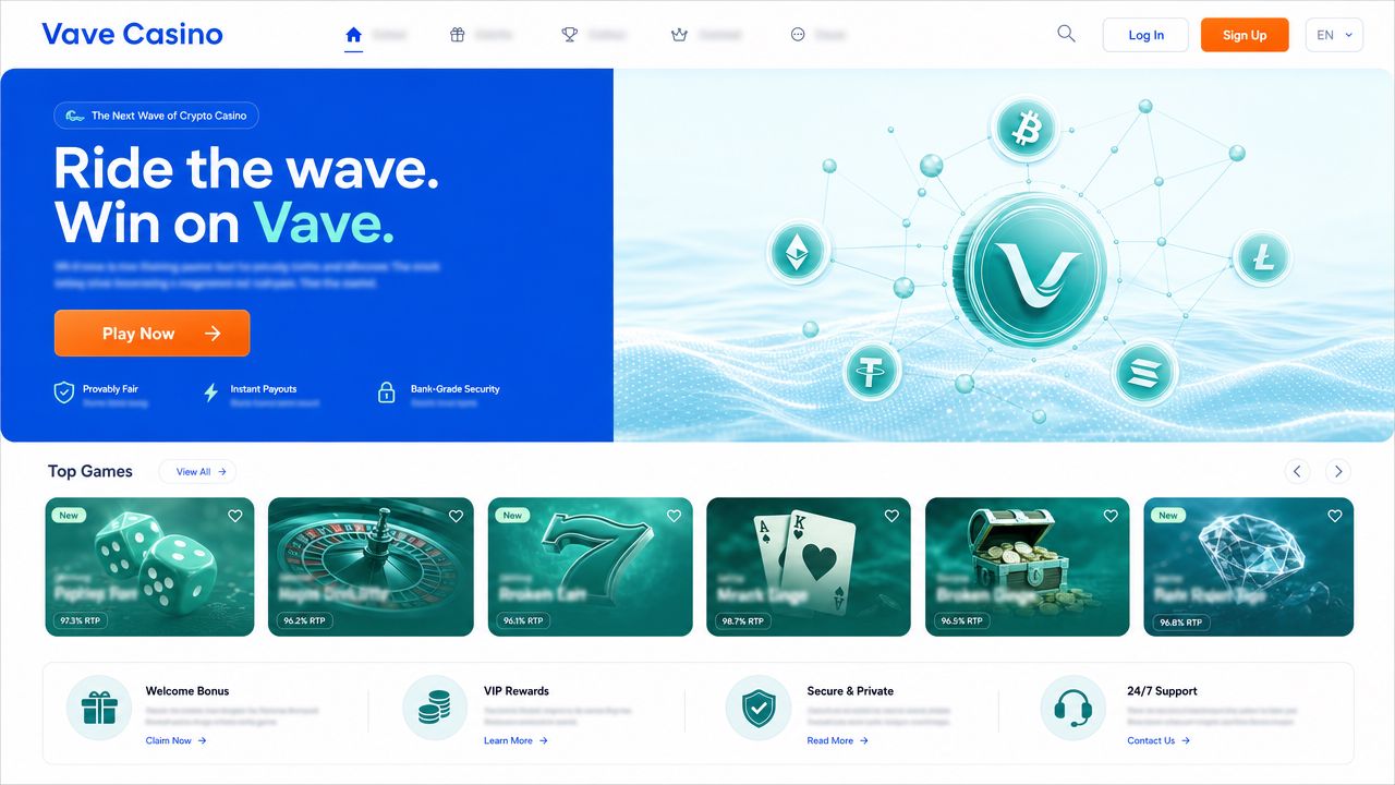Vave Casino desktop homepage with cobalt header bar, sea-green game tiles and tangerine call-to-action buttons