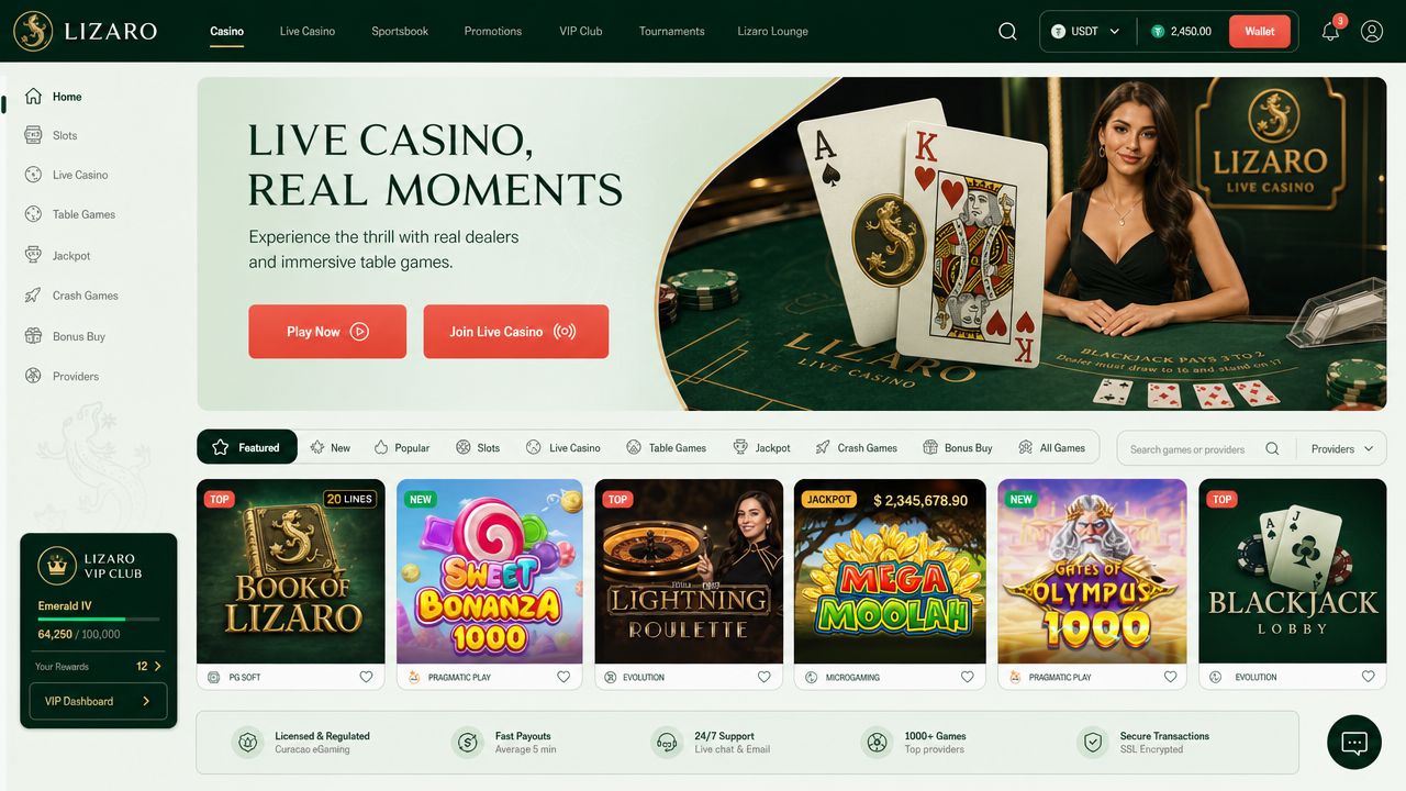 Lizaro casino desktop interface showing game grid, sportsbook navigation, and promotional banners in a Wild West theme