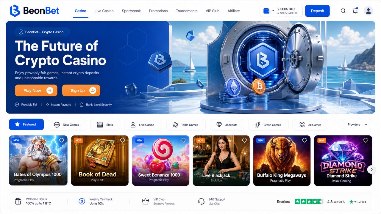 BeonBet crypto casino homepage with casino, sportsbook and eSports navigation under a single wallet interface